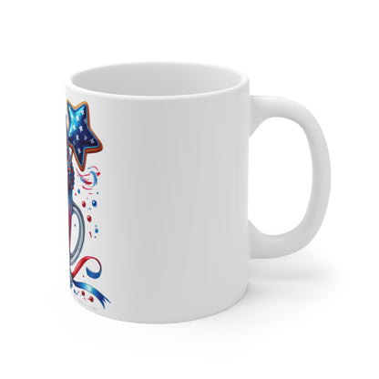 Patriotic Candy Sundae Coffee Mug – Red White Blue Ice Cream Mug – 4th of July Dessert Cup with Lollipop & Star Cookie Patriotic Red White & Blue Dessert Mug — 11oz Fourth of July Coffee Cup