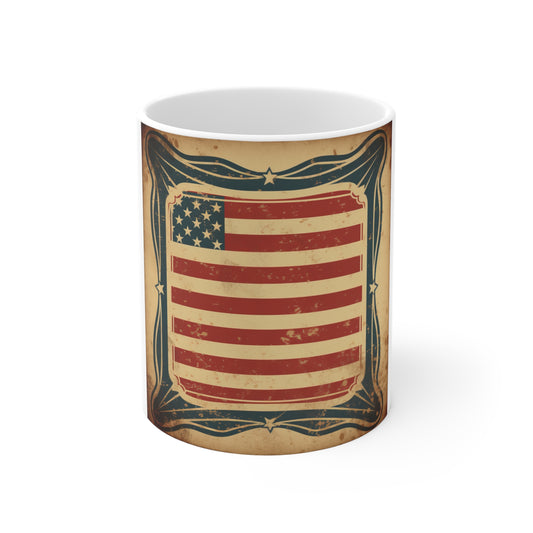 Vintage American Flag Frame Coffee Mug – Distressed USA Flag Mug – Retro Patriotic Border Design Cup – Rustic Americana Mug Vintage American Flag Mug - 11oz Patriotic Coffee Cup