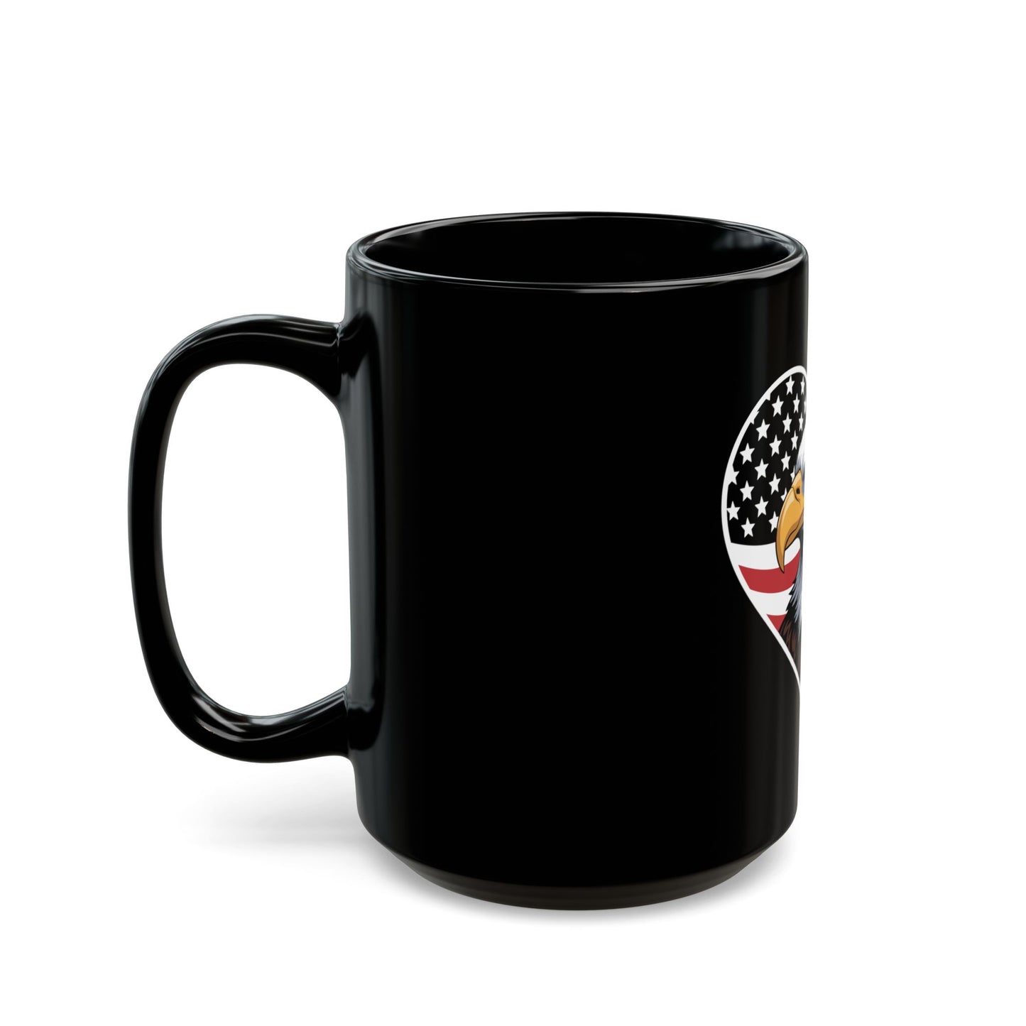 Patriotic Eagle Heart Mug – American Flag Heart Eagle Coffee Mug – USA Bald Eagle Pride Cup – Patriotic Gift Mug Black Mug (11oz, 15oz)