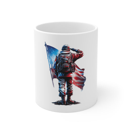 Patriotic Soldier Silhouette Coffee Mug – American Flag Warrior Mug – USA Military Tribute Mug 11oz