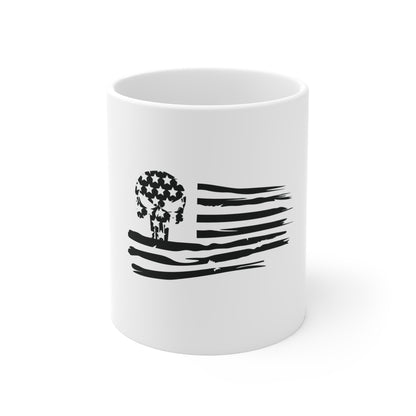 Distressed American Flag Skull Mug – Blacked Out USA Skull Coffee Mug – Grunge Patriotic Skull Cup – Tactical Style American Flag Mug Mug 11oz