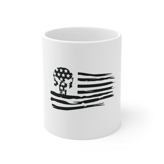 Distressed American Flag Skull Mug – Blacked Out USA Skull Coffee Mug – Grunge Patriotic Skull Cup – Tactical Style American Flag Mug Mug 11oz