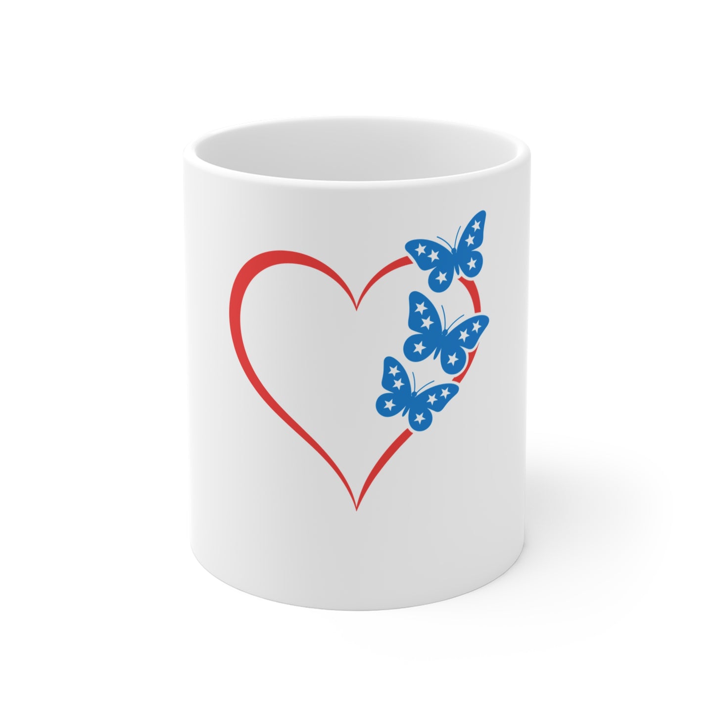 11oz Ceramic Mug — Red Heart with Blue Butterfly Trio (Patriotic Romantic Gift)