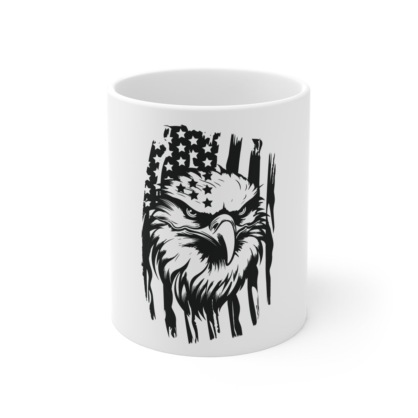 Distressed Eagle Flag Mug – Grunge American Eagle Coffee Mug – Black & White Patriotic USA Cup – Fierce Freedom Gift Mug 11oz