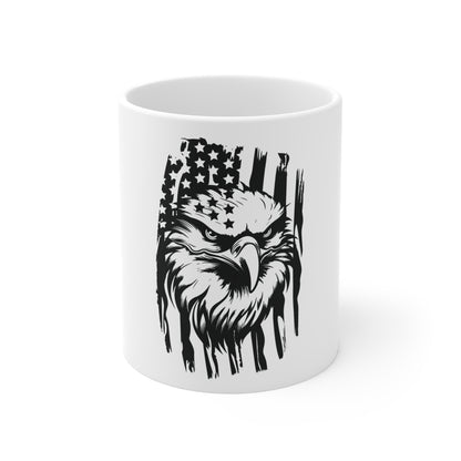 Distressed Eagle Flag Mug – Grunge American Eagle Coffee Mug – Black & White Patriotic USA Cup – Fierce Freedom Gift Mug 11oz