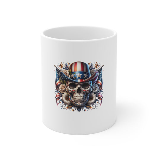 Patriotic Skull Mug — American Flag Uncle Sam Skull Coffee Cup (11oz)