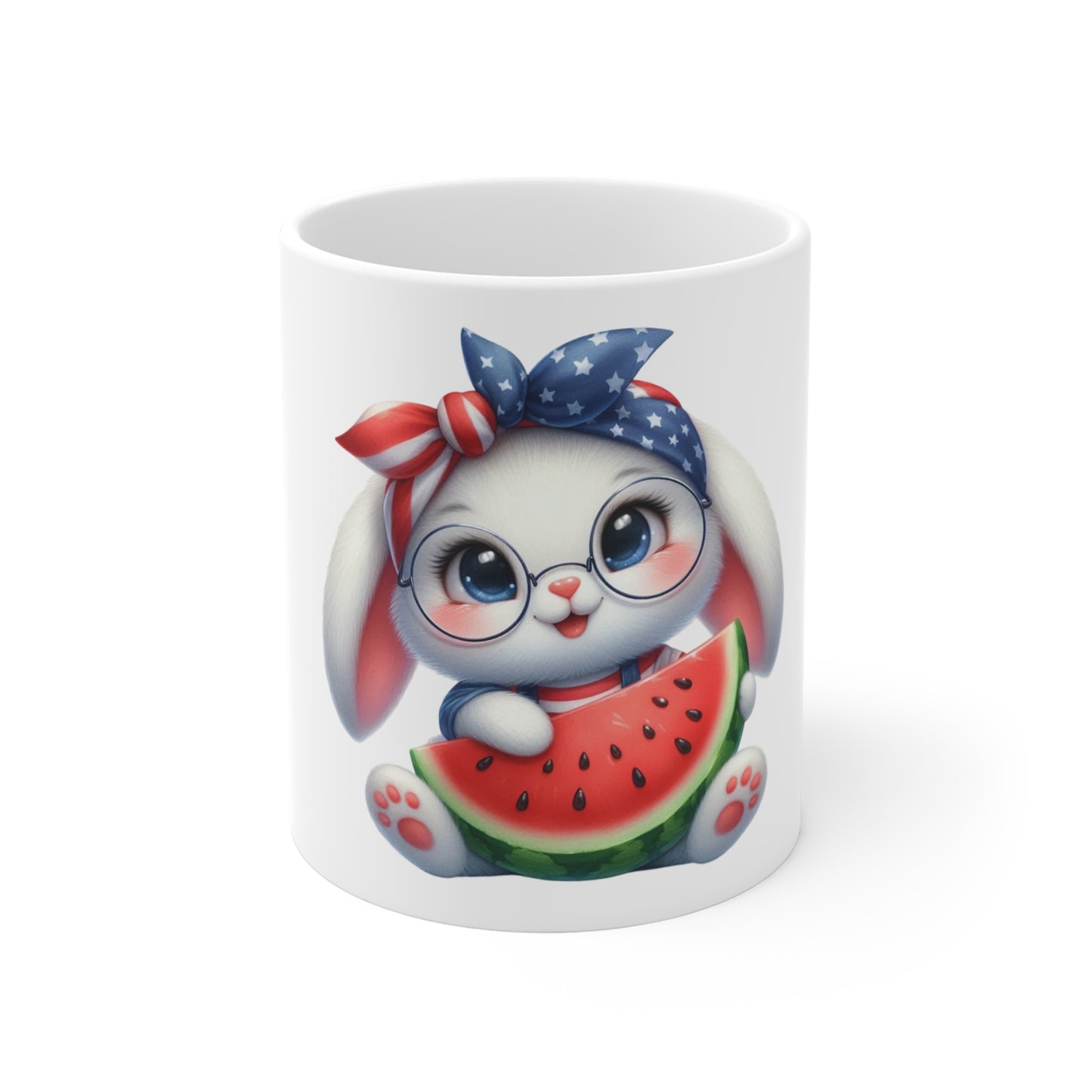 Cute Patriotic Bunny Coffee Mug – Watermelon Animal Mug – Adorable Americana Rabbit Cup – Kawaii Summer Patriotic Mug 11oz