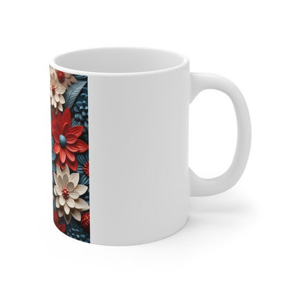 Patriotic 3D Floral Pattern Coffee Mug – Red White Blue Sculpted Flower Mug – Layered Botanical Art Cup – Modern Americana Mug Red, White & Blue 3D Floral Pattern Mug – Patriotic Flower Coffee Cup (11...