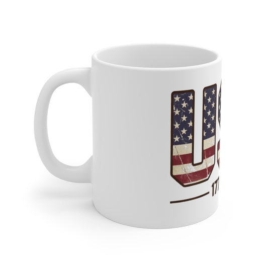 Vintage USA 1776–2026 Coffee Mug – Distressed American Flag Letters Mug – Patriotic 250th Anniversary Mug 11oz