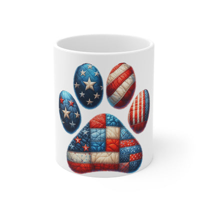 Patriotic Quilt Dog Paw Coffee Mug – American Flag Patchwork Paw Print Mug – Red White Blue Dog Lover Mug – USA Pet Gift Cup Patriotic Paw Print Mug — American Flag Paw 11oz Coffee Cup