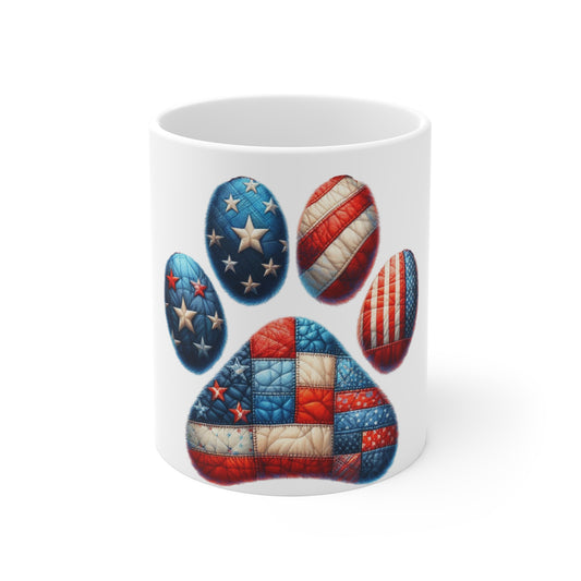Patriotic Quilt Dog Paw Coffee Mug – American Flag Patchwork Paw Print Mug – Red White Blue Dog Lover Mug – USA Pet Gift Cup Patriotic Paw Print Mug — American Flag Paw 11oz Coffee Cup