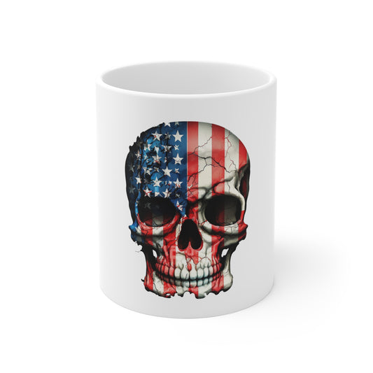 American Flag Skull Mug — Patriotic Skull Coffee Cup (11 oz)