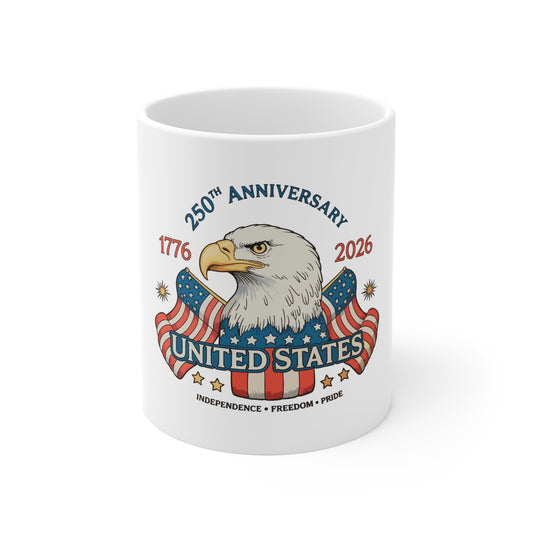 United States 250th Anniversary Eagle Coffee Mug – 1776–2026 Patriotic Flag Design