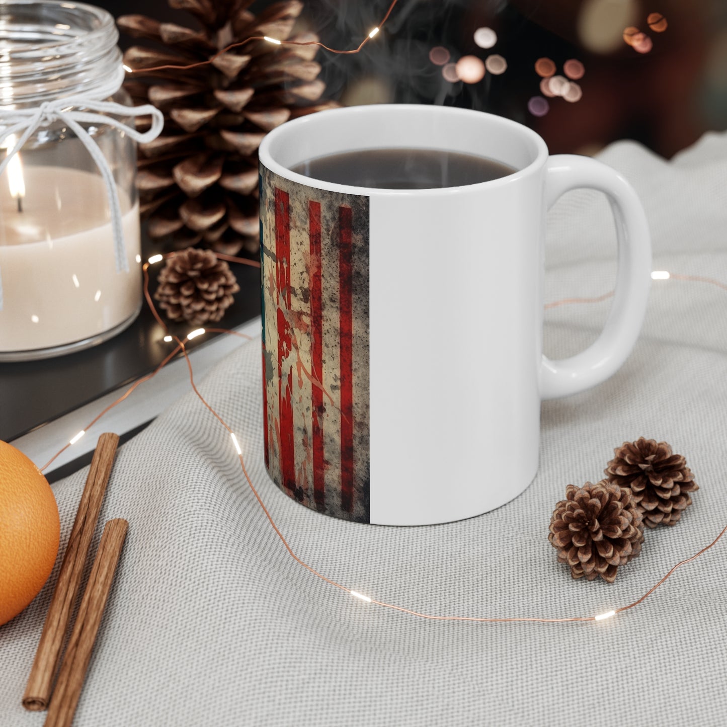 Distressed American Flag Coffee Mug – Paint Splatter USA Flag Mug – Grunge Patriotic Mug – Artistic Americana Gift 11oz