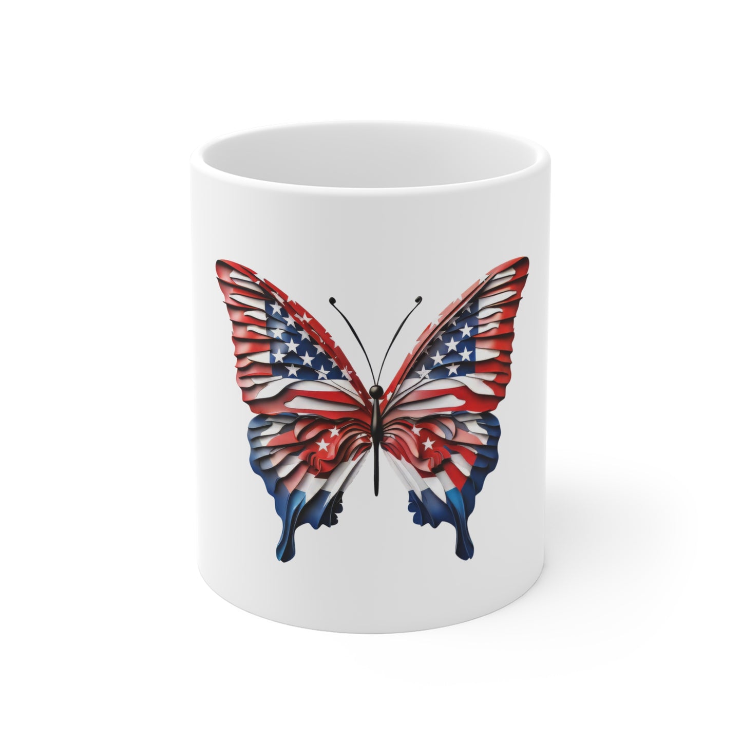 Layered American Flag Butterfly Mug – 3D Patriotic Butterfly Coffee Mug – Red White Blue Sculpted Wing Design – Premium USA Gift American Flag Butterfly Mug - Patriotic 11oz Coffee Cup
