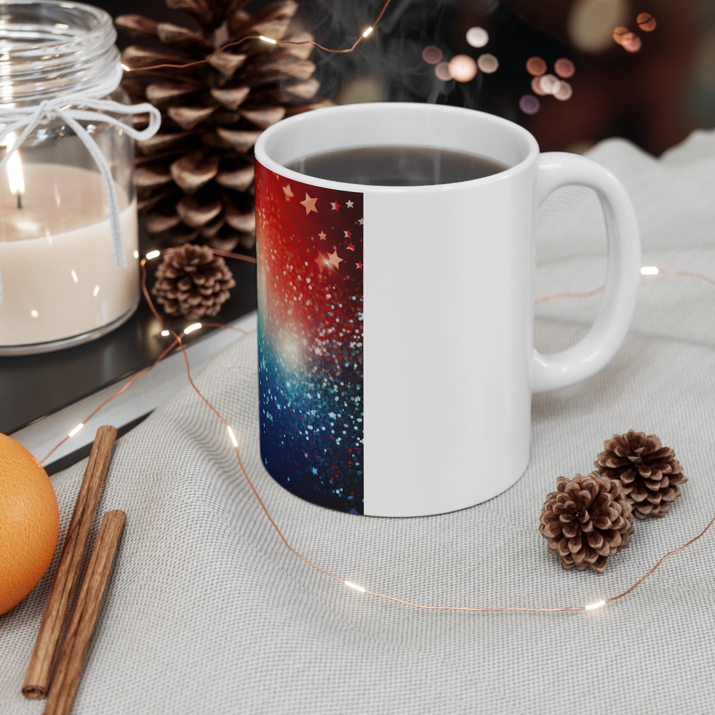Patriotic Glitter Galaxy Coffee Mug – Red White Blue Sparkle Mug – Starfield Americana Cup – Radiant USA Celebration Design Patriotic Starry Night 11oz Ceramic Mug