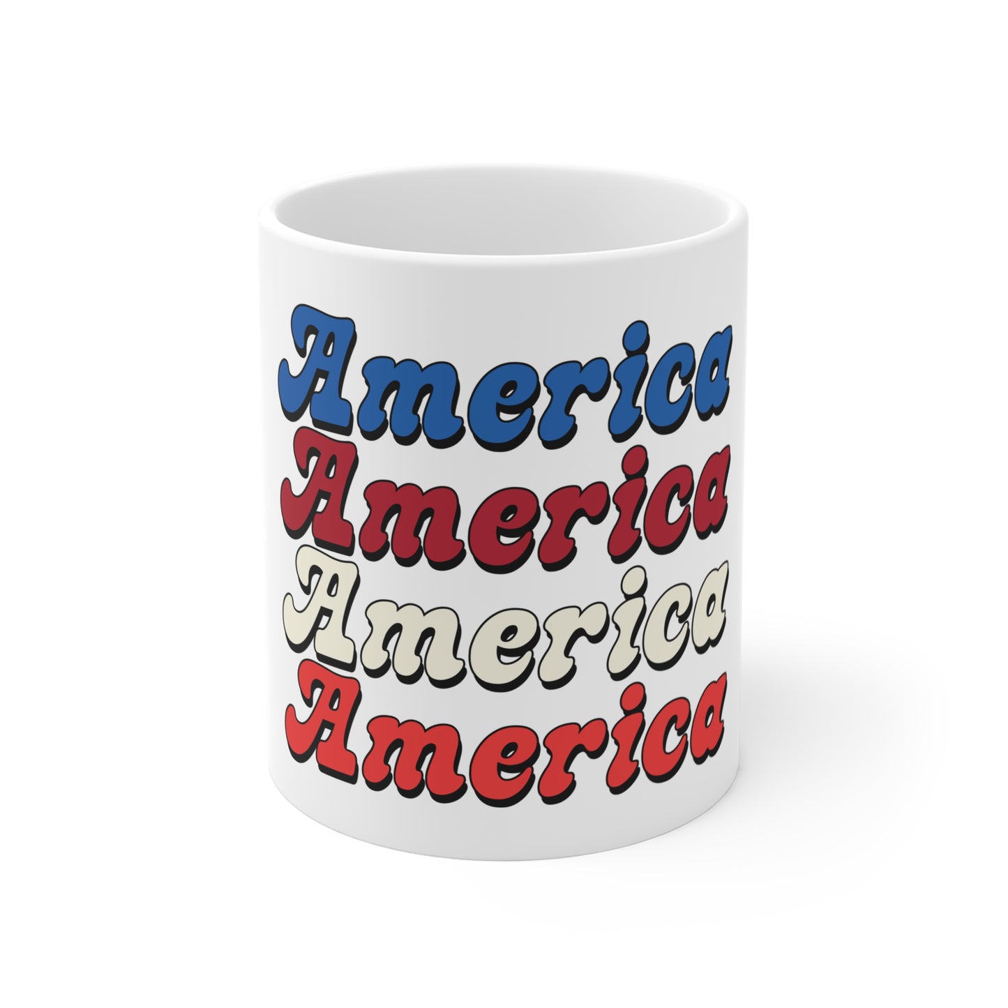 America Repeating Typography Coffee Mug – Retro Patriotic USA Mug – Bold Americana Text Design Cup – 4th of July Statement Mug Mug 11oz