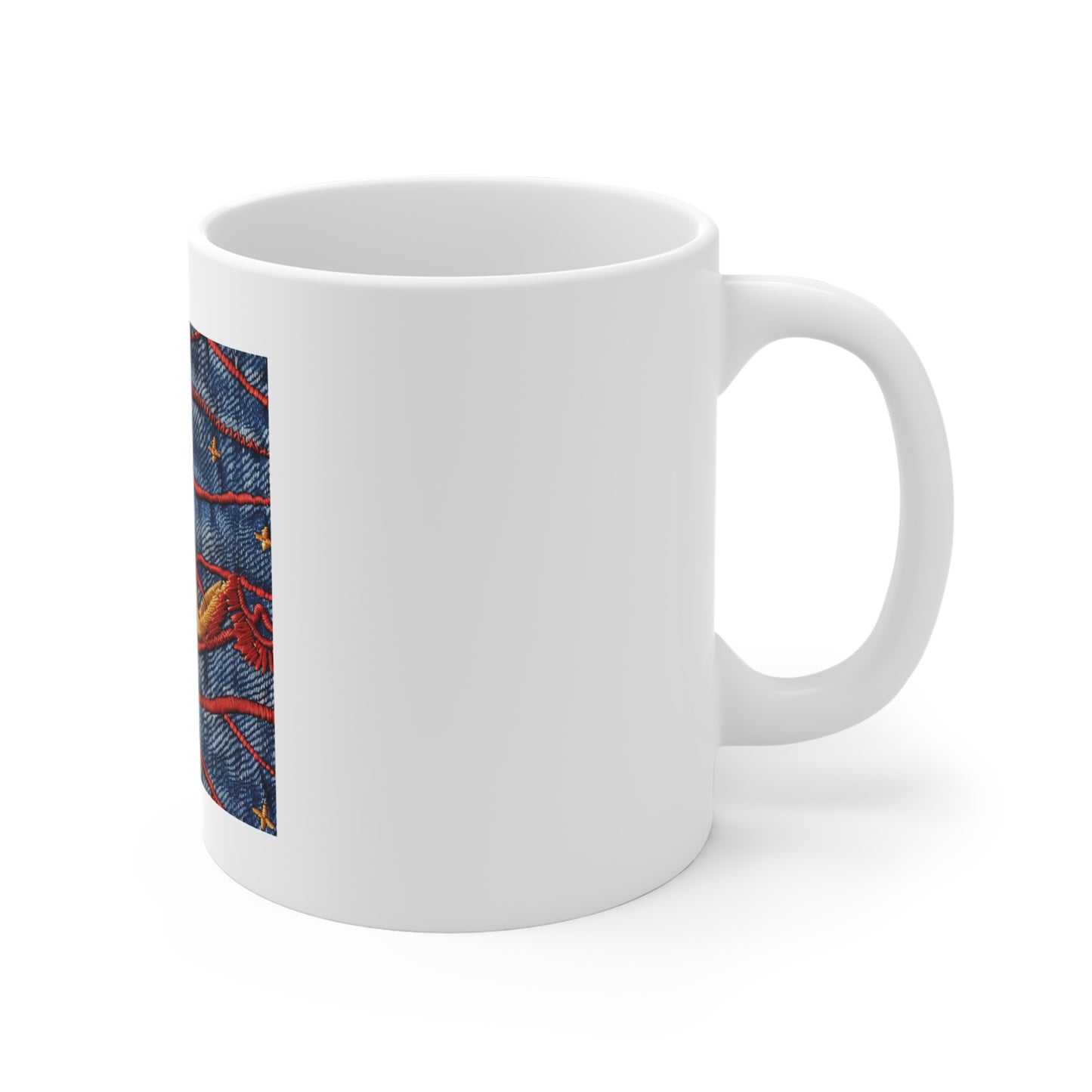 American Flag Denim Embroidery Coffee Mug – Stitched Patriotic Mug – USA Threadwork Flag Cup – Premium Americana Gift – Rustic Art MugDenim Patchwork Mug — Embroidered Star & Flame Jean Print 11oz...