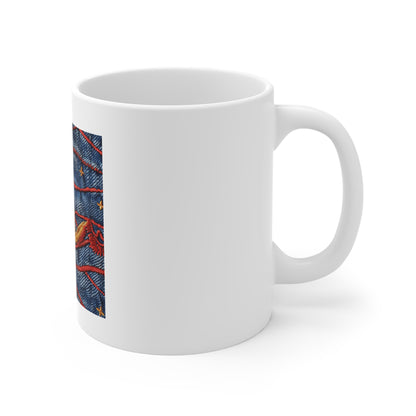 American Flag Denim Embroidery Coffee Mug – Stitched Patriotic Mug – USA Threadwork Flag Cup – Premium Americana Gift – Rustic Art MugDenim Patchwork Mug — Embroidered Star & Flame Jean Print 11oz...