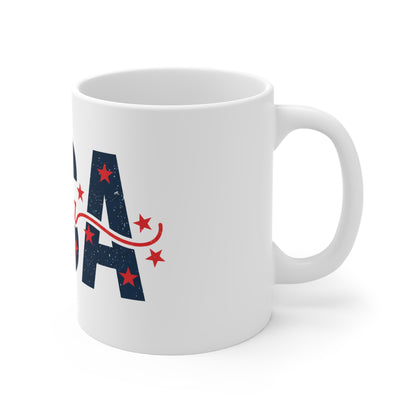 USA Script Stars Coffee Mug – Patriotic Distressed USA Mug – Red White Blue Minimal Americana Cup – Classic USA Pride Gift Mug 11oz