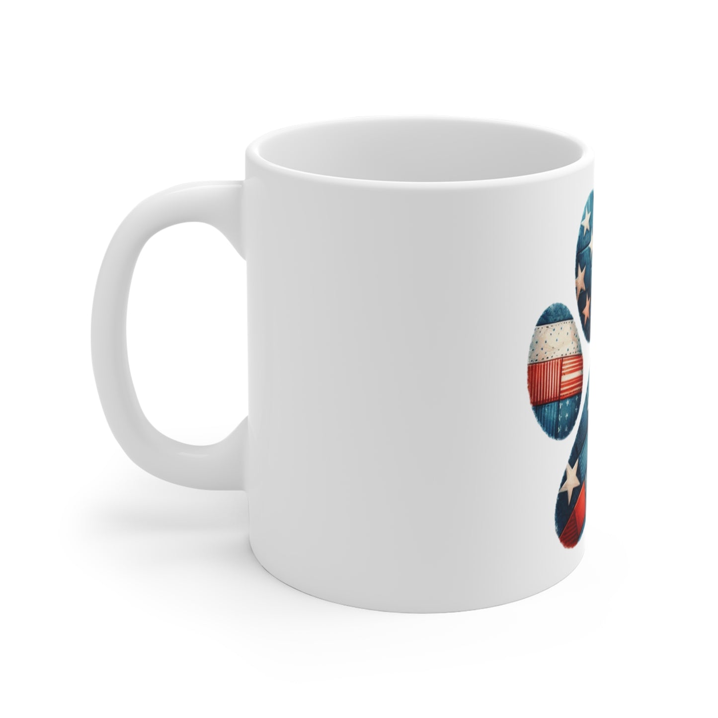 Patriotic Patchwork Dog Paw Coffee Mug – Americana Fabric Paw Print Mug – Red White Blue Dog Lover Mug – USA Pet Gift Cup American Flag Paw Print Mug — Patriotic 11oz Coffee Cup
