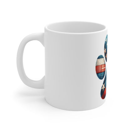 Patriotic Patchwork Dog Paw Coffee Mug – Americana Fabric Paw Print Mug – Red White Blue Dog Lover Mug – USA Pet Gift Cup American Flag Paw Print Mug — Patriotic 11oz Coffee Cup