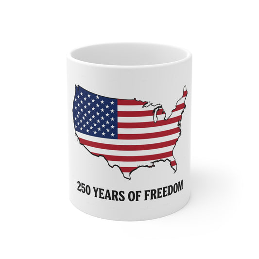 USA Map Flag 250 Years of Freedom Coffee Mug – Patriotic America Outline Mug – Red White Blue USA Silhouette Mug 11oz