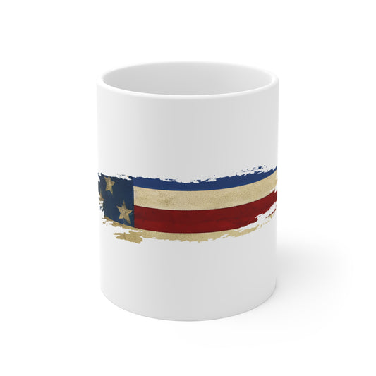 Vintage Sand USA Flag Brush Stroke Mug – Aged American Flag Coffee Cup – Warm Retro Patriotic Design Mug 11oz