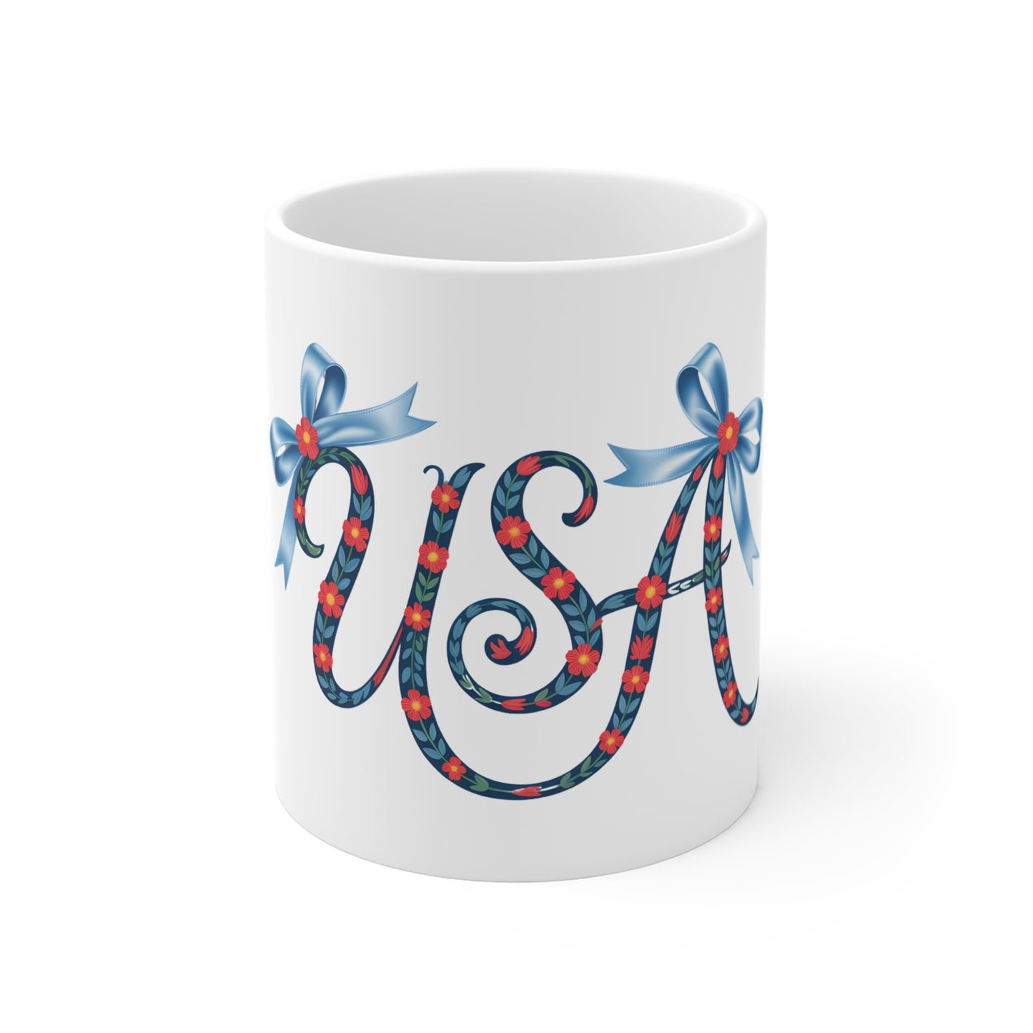 USA Floral Script 11oz Mug — Patriotic Red White Blue Coffee Cup