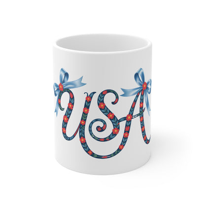 USA Floral Script 11oz Mug — Patriotic Red White Blue Coffee Cup