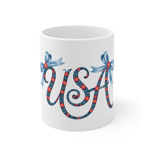 USA Floral Script 11oz Mug — Patriotic Red White Blue Coffee Cup