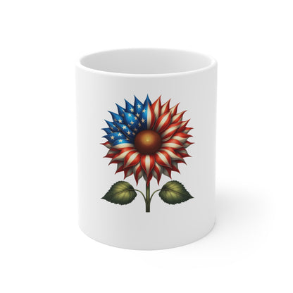 American Flag Sunflower Mug — Patriotic 11oz Coffee Cup