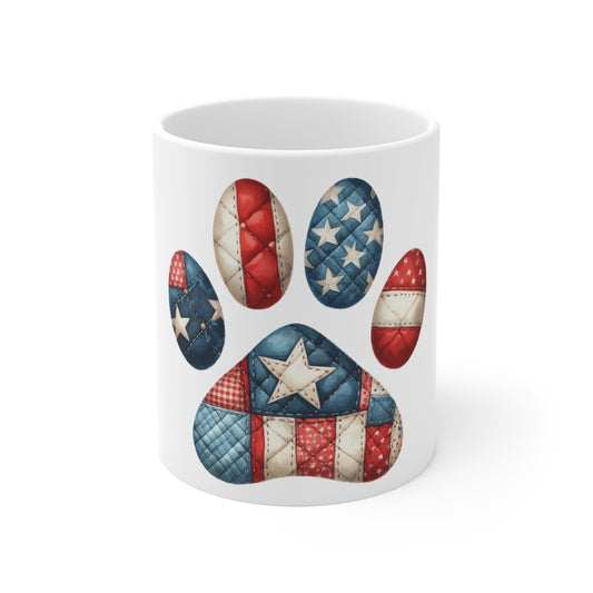 Patriotic Quilt Star Dog Paw Coffee Mug – Americana Patchwork Paw Print Mug – Red White Blue Dog Lover Mug – USA Pet Gift Cup Patriotic Paw Print Mug — American Flag Dog Lover 11oz Coffee Cup