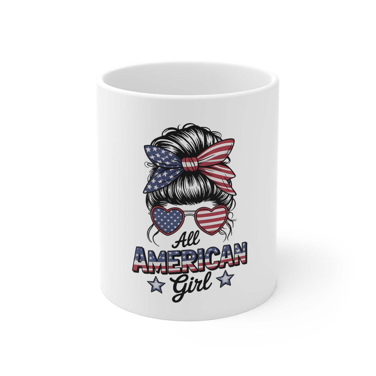 All American Girl Mug – Patriotic 11oz Coffee Cup with USA Flag Hair Bow & Sunglasses