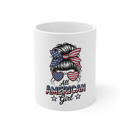 All American Girl Mug – Patriotic 11oz Coffee Cup with USA Flag Hair Bow & Sunglasses