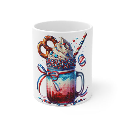 Patriotic Mason Jar Milkshake Coffee Mug – 4th of July Pretzel Dessert Mug – Red White Blue Ribbon Cup – Americana Sweet Treat Mug – Festive Gift Mug Patriotic Milkshake Mason Jar Mug — 11oz Fourth of...