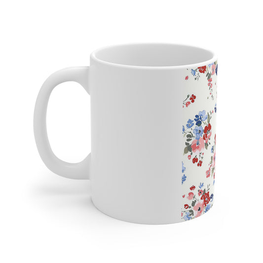 Soft Vintage Patriotic Floral Coffee Mug – Red White Blue Cottage Garden Mug – Shabby Chic Americana Cup – Delicate Floral Pattern Mug Floral Vintage 11oz Ceramic Mug — Red & Blue Cottagecore Flower...