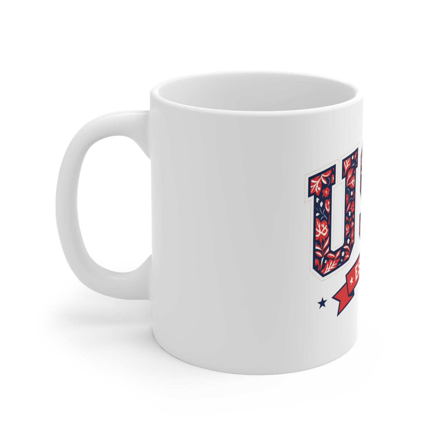 USA Est. 1776 Ceramic Mug — Patriotic American Flag Floral Design