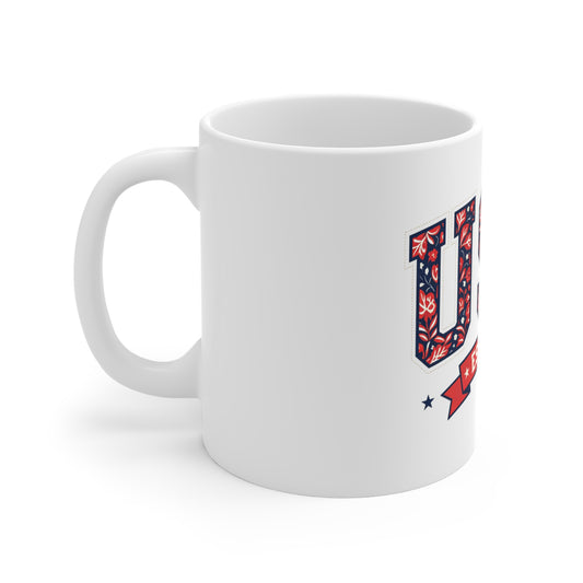 USA Est. 1776 Ceramic Mug — Patriotic American Flag Floral Design