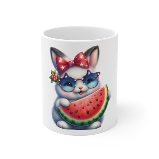 Patriotic Bunny Watermelon Coffee Mug – Cute 4th of July Rabbit Mug – Red White Blue Sunglasses Cup – Summer Americana Gift 11oz