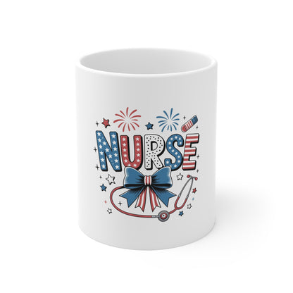 Nurse Patriotic 11oz Ceramic Mug – Red White Blue Nurse Stethoscope & Bow Coffee Cup