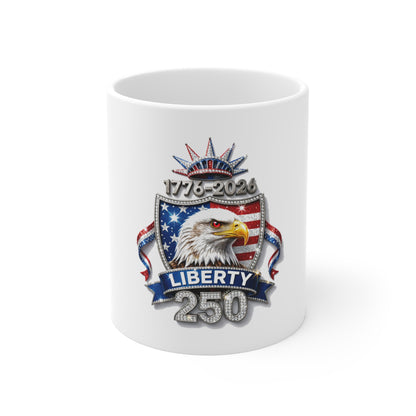 USA Liberty 250 Eagle Coffee Mug – 1776–2026 Patriotic Shield Mug – Glitter Style American Flag Eagle Cup – Premium Anniversary Gift 11oz