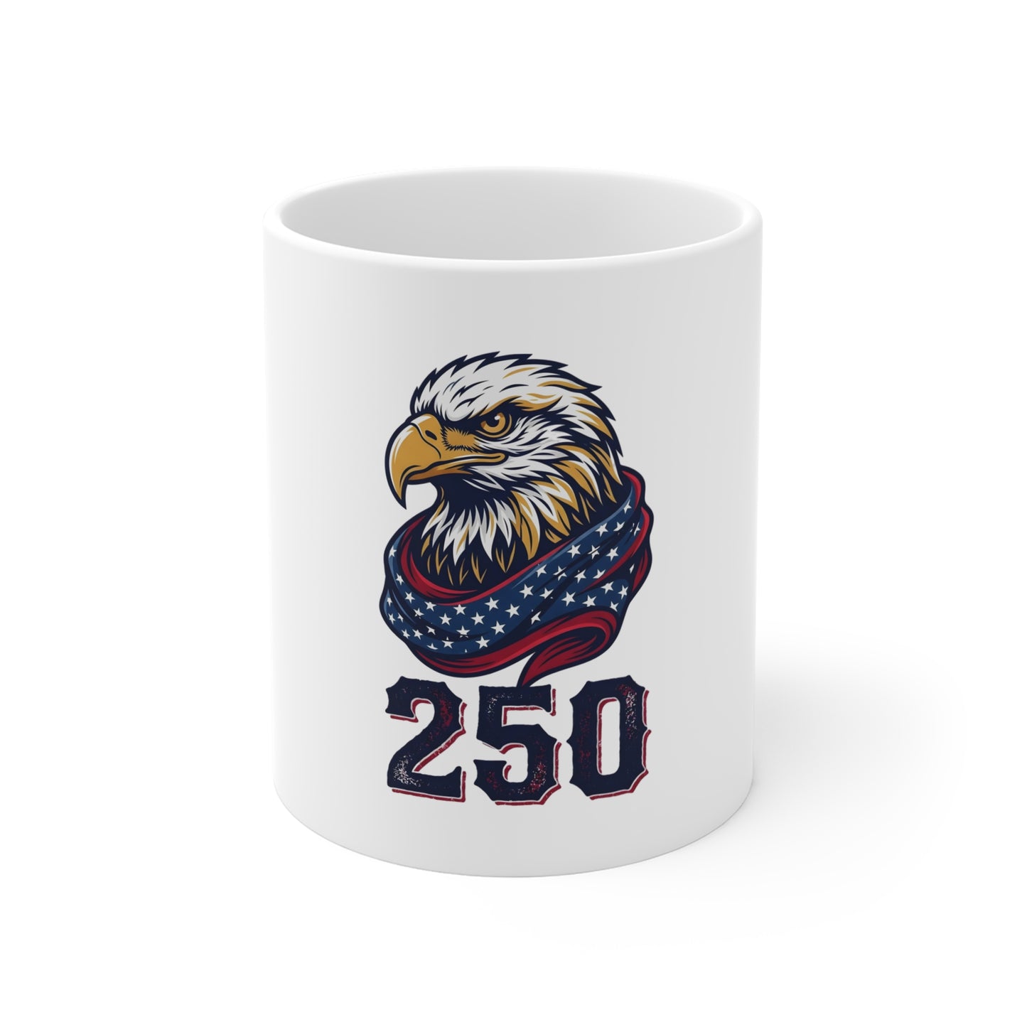 Eagle 250 Ceramic Mug — Patriotic Bald Eagle with American Flag Scarf