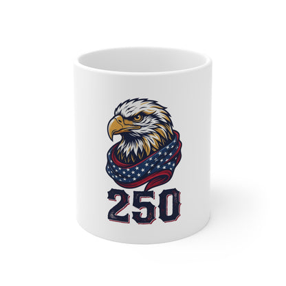 Eagle 250 Ceramic Mug — Patriotic Bald Eagle with American Flag Scarf