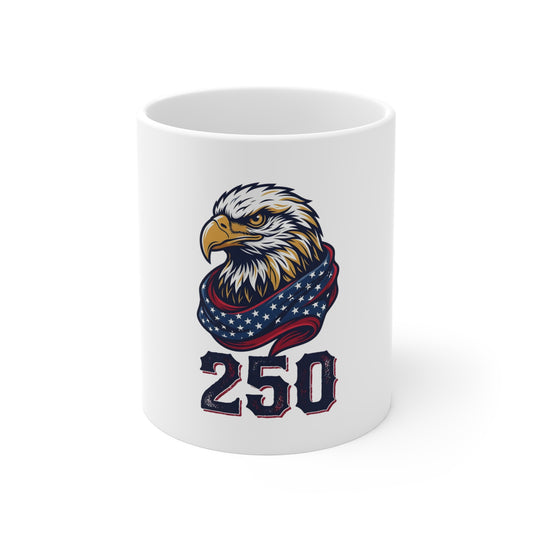 Eagle 250 Ceramic Mug — Patriotic Bald Eagle with American Flag Scarf