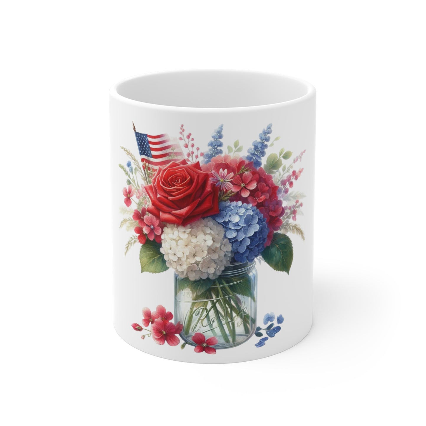 Patriotic Rose & Hydrangea Mason Jar Coffee Mug – Red White Blue Floral Mug – Americana Bouquet Cup – Elegant 4th of July Gift Mug Patriotic Floral Bouquet 11oz Mug – Red White Blue Rose & Hydrangea...