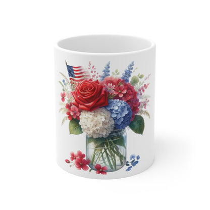 Patriotic Rose & Hydrangea Mason Jar Coffee Mug – Red White Blue Floral Mug – Americana Bouquet Cup – Elegant 4th of July Gift Mug Patriotic Floral Bouquet 11oz Mug – Red White Blue Rose & Hydrangea...