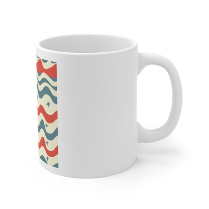 Wavy Americana Pattern Coffee Mug – Patriotic Wave Stripe Mug – Red White Blue Retro Pattern Cup – Vintage USA Ripple Design Mug Retro Wavy Stars Coffee Mug — 11oz Vintage Red & Blue Pattern