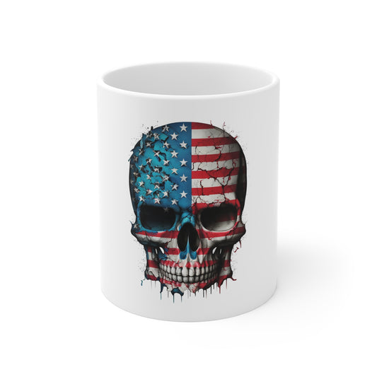11oz Mug — American Flag Skull Coffee Cup (Patriotic, Edgy Gift for Veterans & 4th of July)
