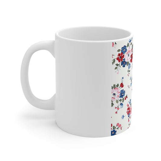 Patriotic Wildflower Coffee Mug – Red White Blue Ditsy Floral Mug – Vintage Americana Meadow Mug – Cottage Garden USA Cup Floral Vintage 11oz Mug — Red & Blue Cottagecore Flower Pattern